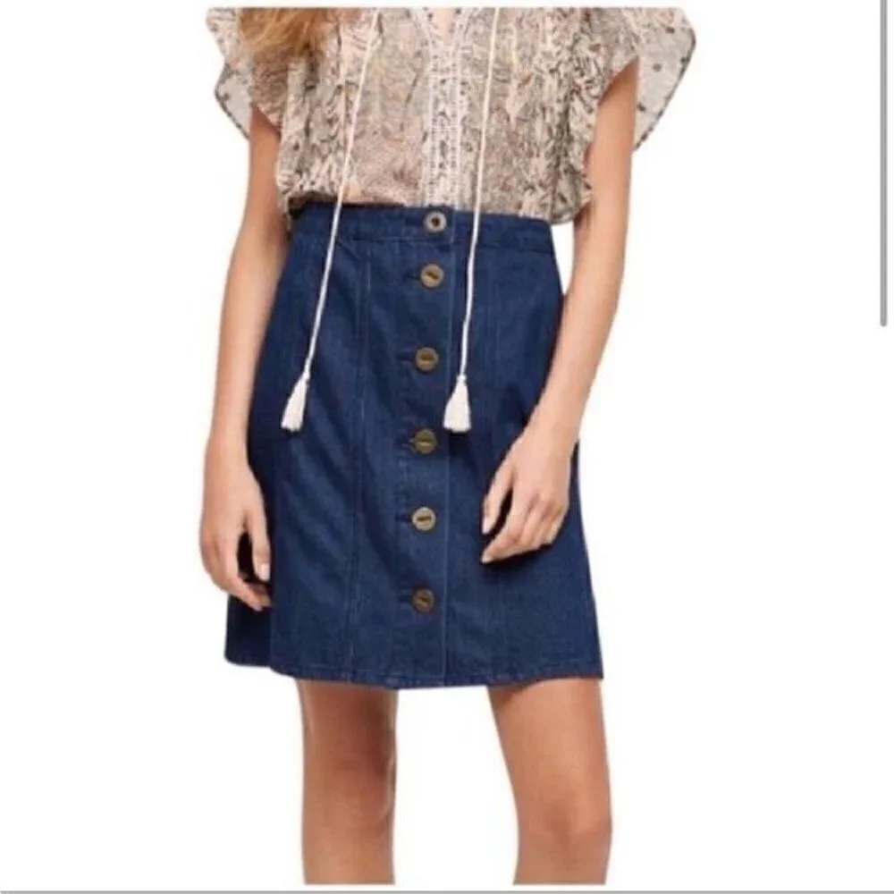 Pilcro and the Letterpress Denim Jean Button Front Skirt Seamed Panels A Line 10